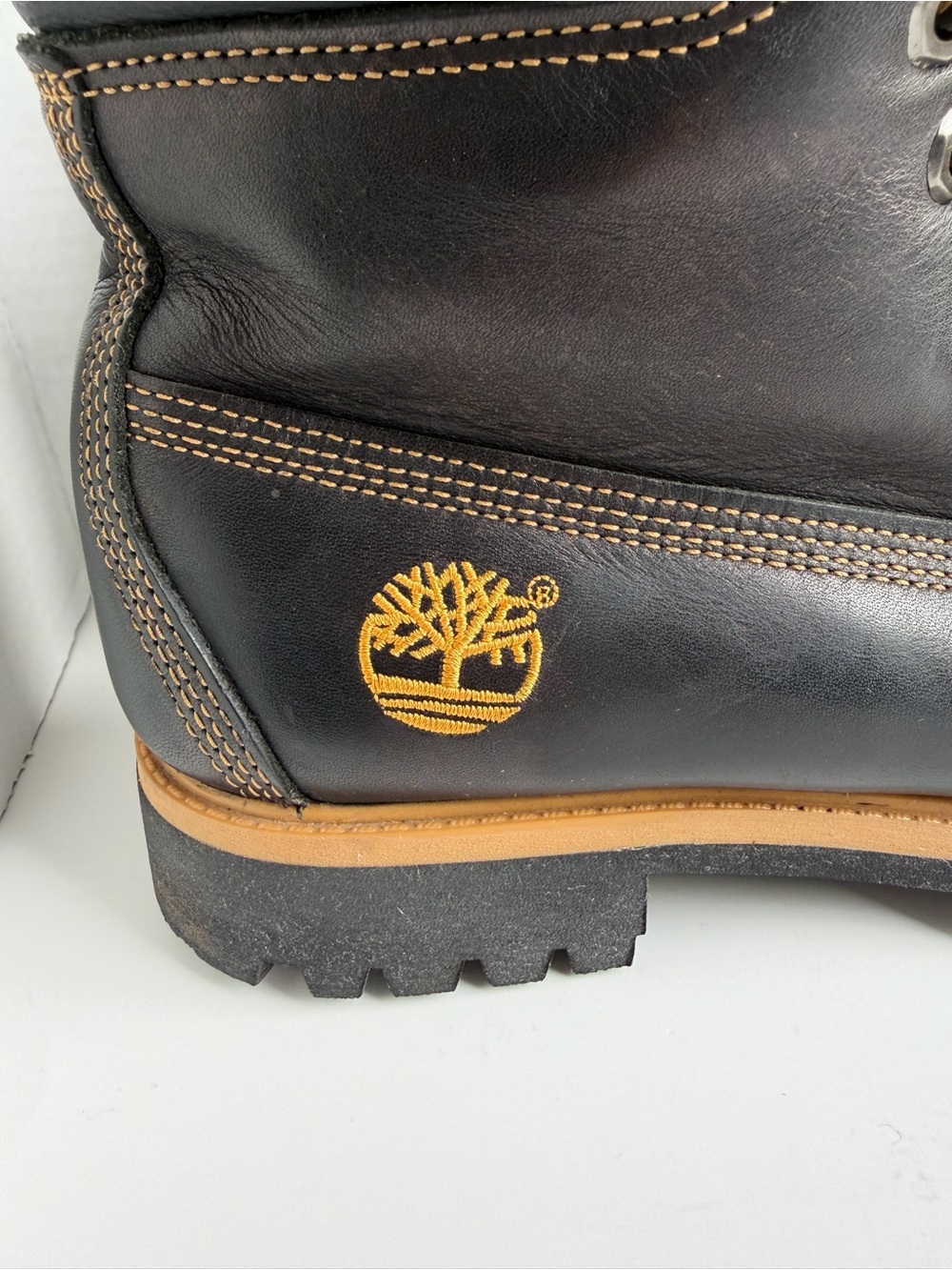 Mens Timberland Premium 6” Black Boots Sz 8 Smooth Leather Tan Stitching Work - Picture 2 of 15